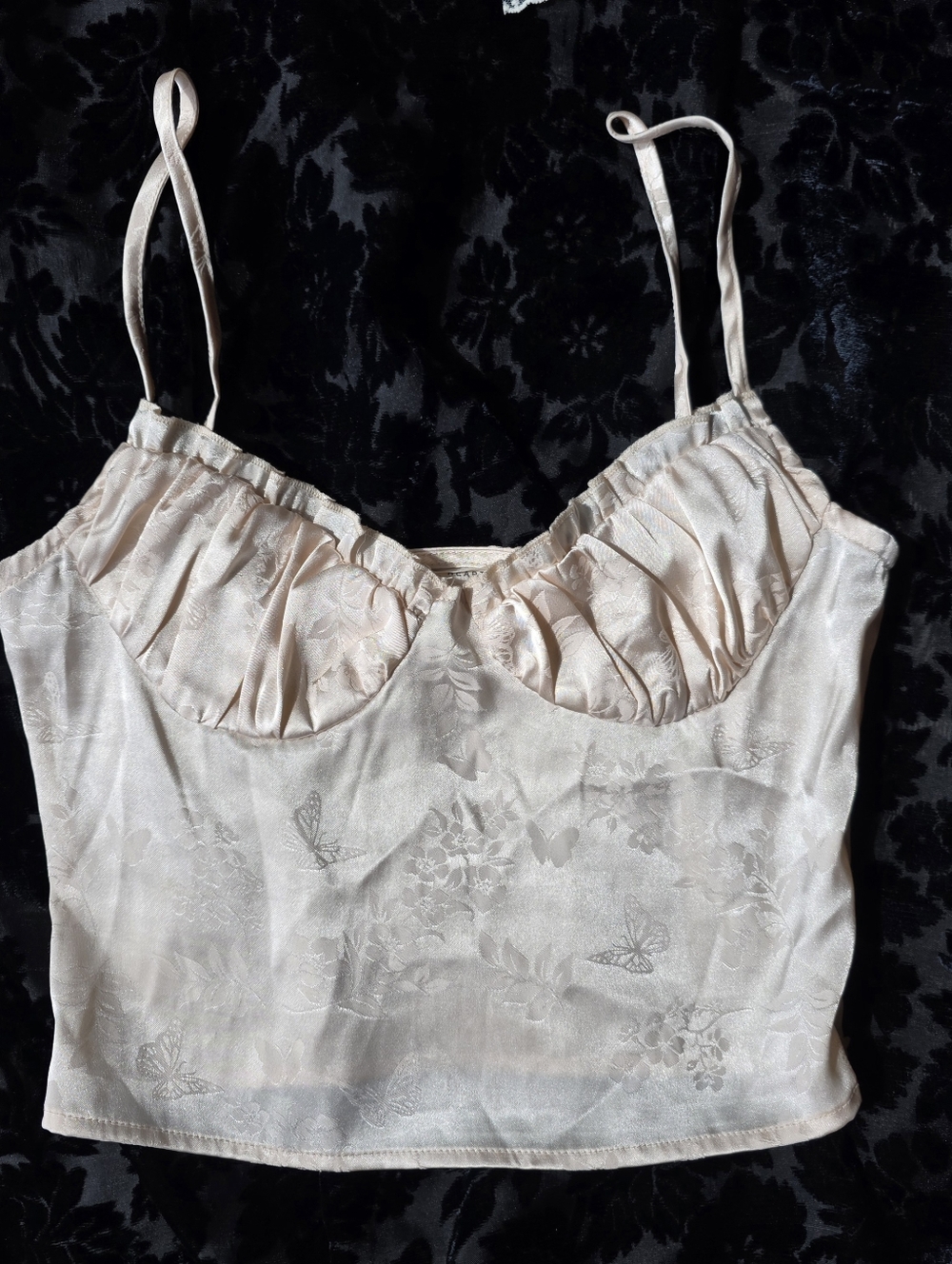 Lottie Moss Silky Camisole Gathered Bust Light Blush Butterfly Jacquard Print